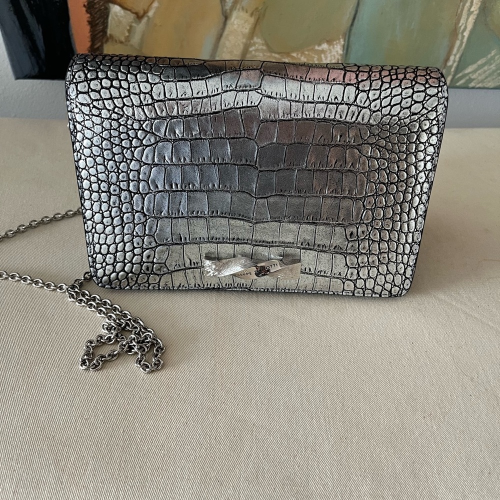 NWT , Giuseppe Zanotti Borse Crocodile Embossed Silver Clutch Bag.
